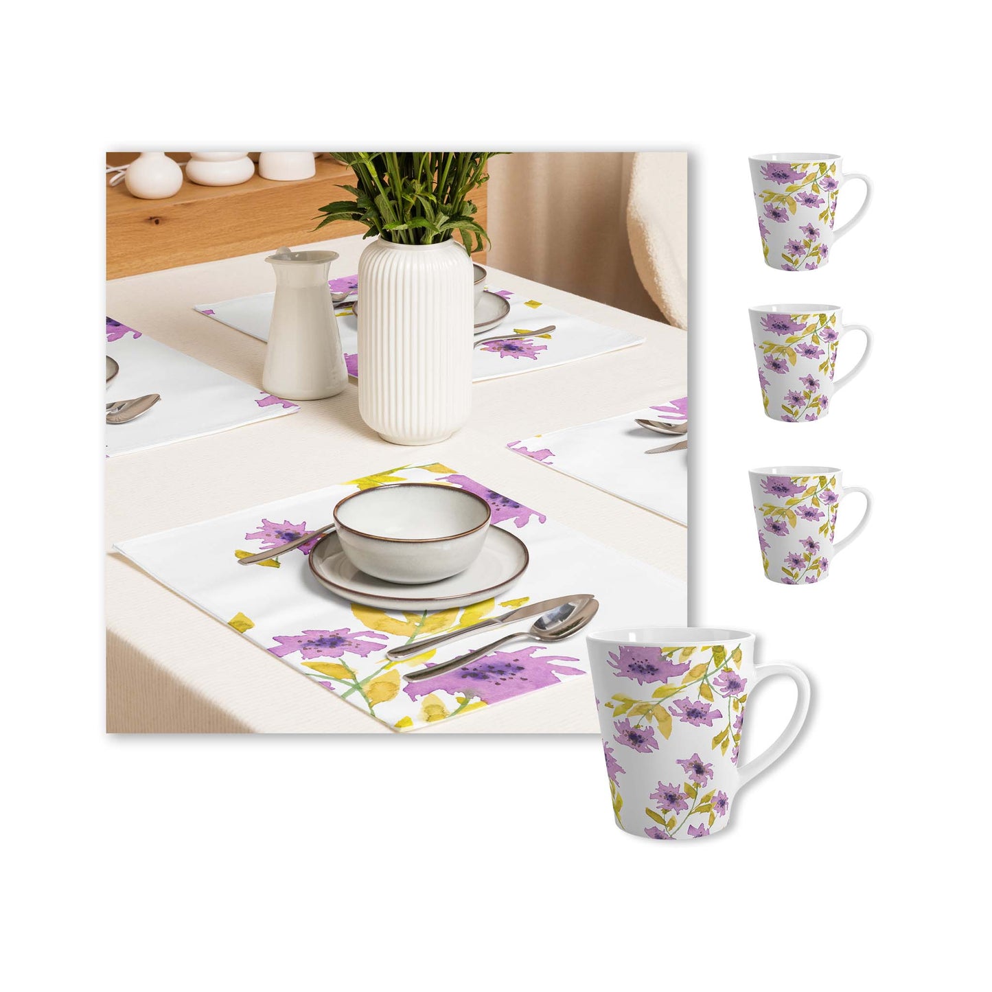 Mauve Floral Ceramic Mug & Polyester Placemat 8-Pc Bundle (Service for 4) | CABF-LM-1364