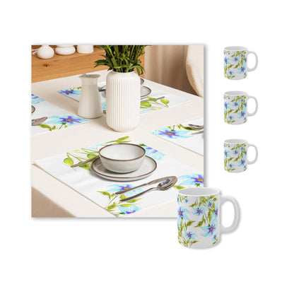Blue Floral Ceramic Mug & Polyester Placemat 8-Pc Bundle (Service for 4) | CABF-CM-1374