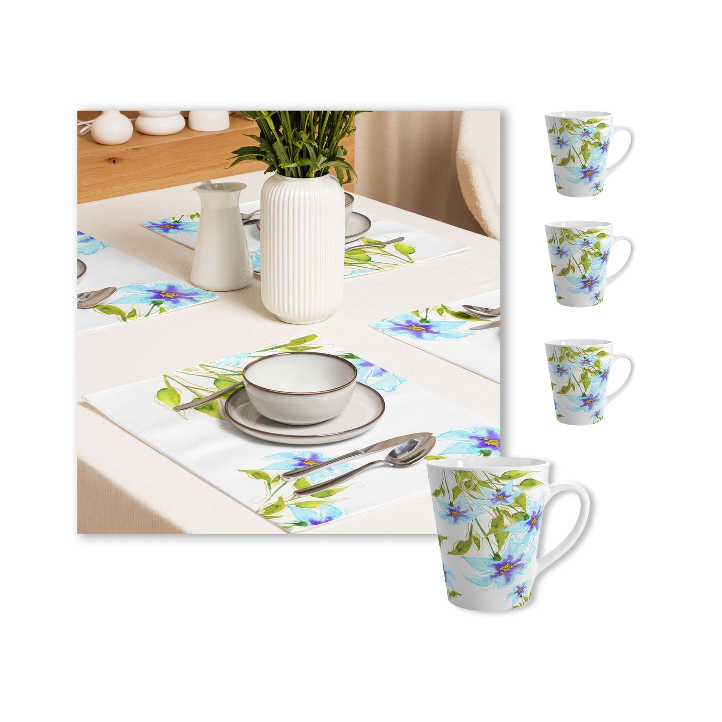 Blue Floral Ceramic Mug & Polyester Placemat 8-Pc Bundle (Service for 4) | CABF-LM-1374