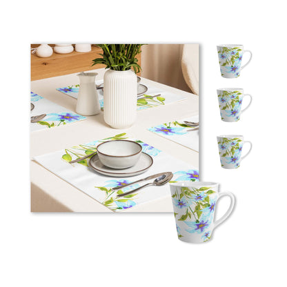 Blue Floral Ceramic Mug & Polyester Placemat 8-Pc Bundle (Service for 4) | CABF-LM-1374