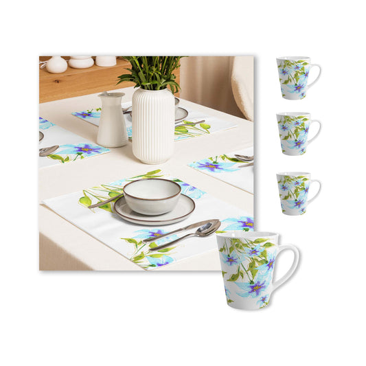 Blue Floral Ceramic Mug & Polyester Placemat 8-Pc Bundle (Service for 4) | CABF-LM-1374