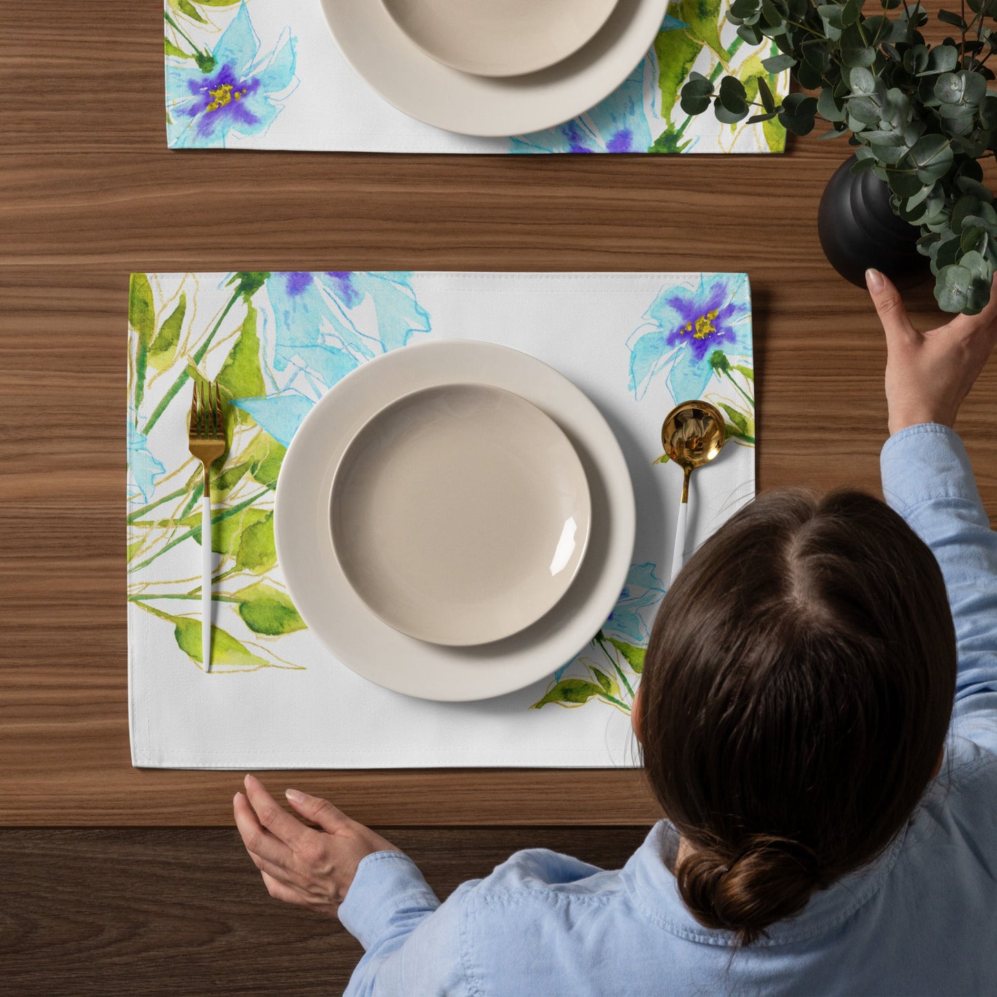 Blue Floral Ceramic Mug & Polyester Placemat 8-Pc Bundle (Service for 4) | CABF-LM-1374