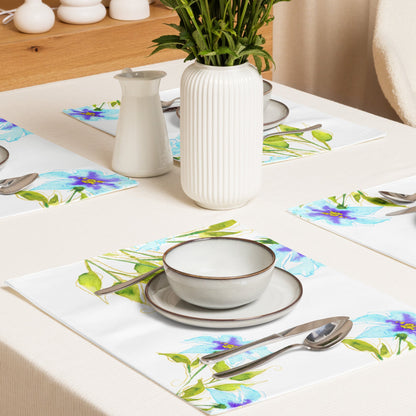Blue Floral Ceramic Mug & Polyester Placemat 8-Pc Bundle (Service for 4) | CABF-LM-1374