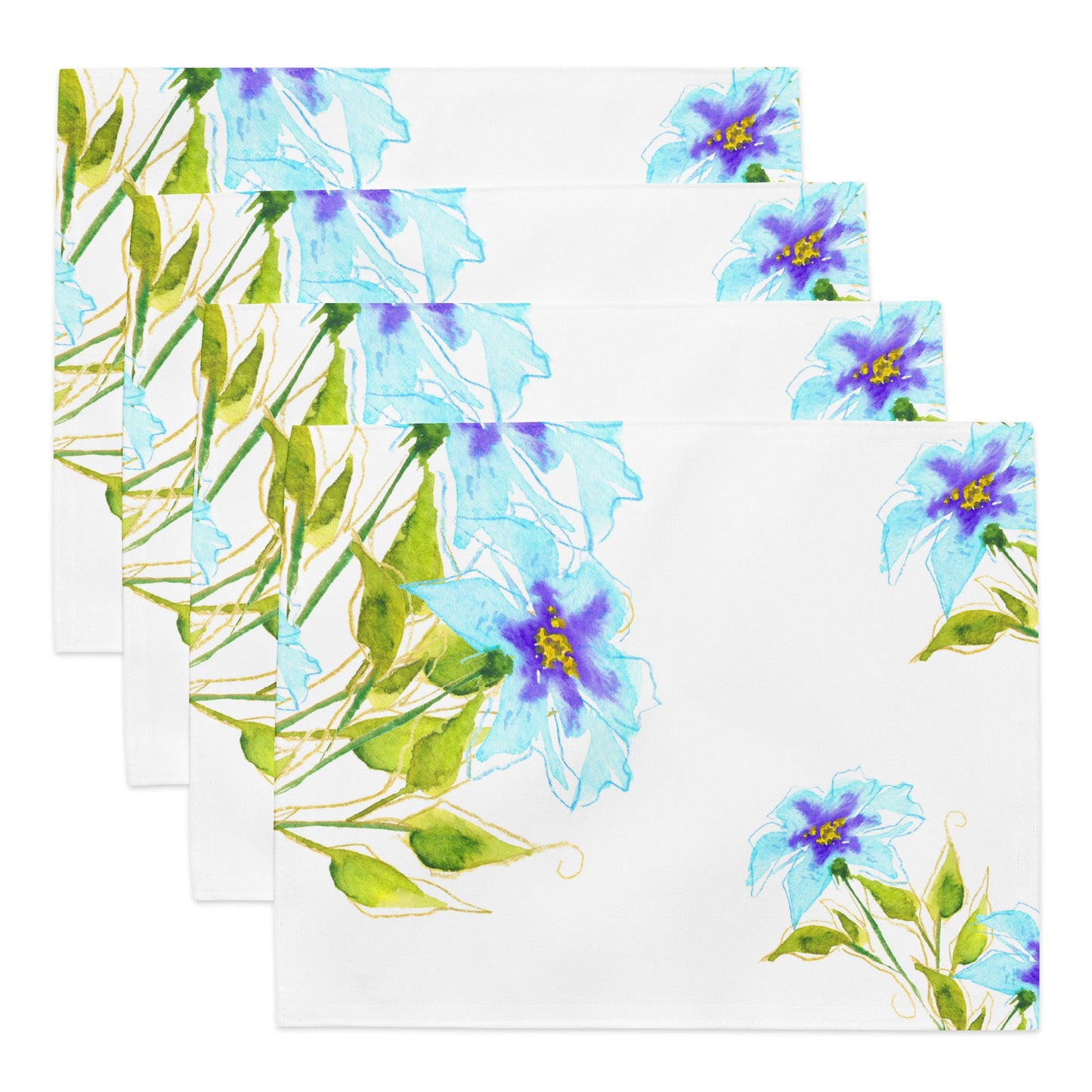Blue Floral Ceramic Mug & Polyester Placemat 8-Pc Bundle (Service for 4) | CABF-LM-1374