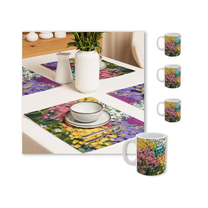 Multicolour Floral Garden Ceramic Mug & Polyester Placemat 8-Pc Bundle (Service for 4) | CABF-CM-1381