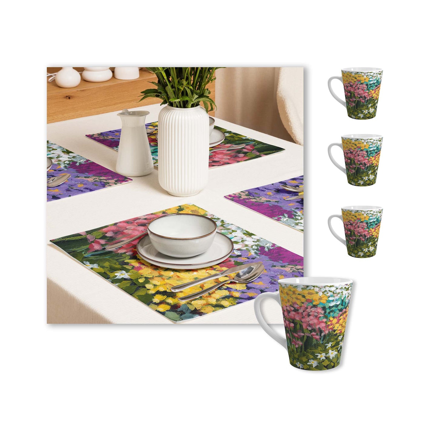 Multicolour Floral Garden Ceramic Mug & Polyester Placemat 8-Pc Bundle (Service for 4) | CABF-LM-1381