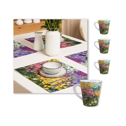Multicolour Floral Garden Ceramic Mug & Polyester Placemat 8-Pc Bundle (Service for 4) | CABF-LM-1381