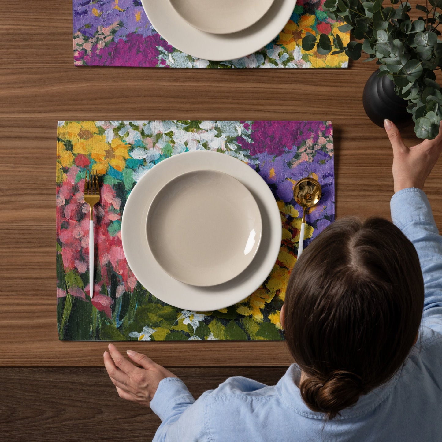 Multicolour Floral Garden Ceramic Mug & Polyester Placemat 8-Pc Bundle (Service for 4) | CABF-LM-1381