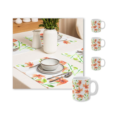 Red Floral Ceramic Mug & Polyester Placemat 8-Pc Bundle (Service for 4) | CABF-CM-1384