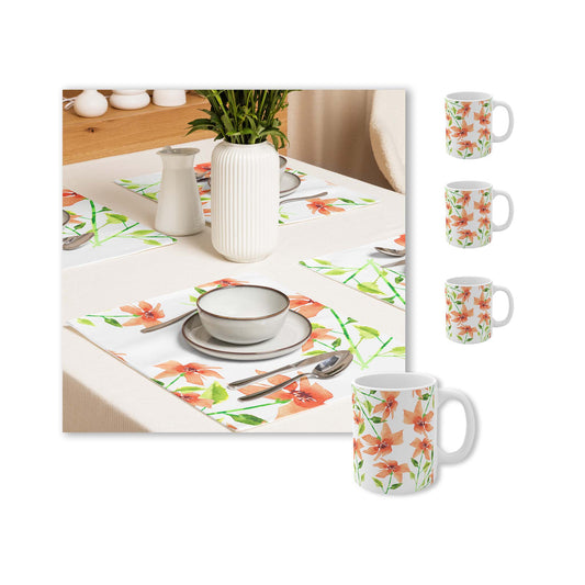 Red Floral Ceramic Mug & Polyester Placemat 8-Pc Bundle (Service for 4) | CABF-CM-1384