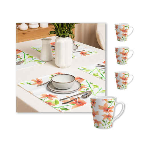 Red Floral Ceramic Mug & Polyester Placemat 8-Pc Bundle (Service for 4) | CABF-LM-1384