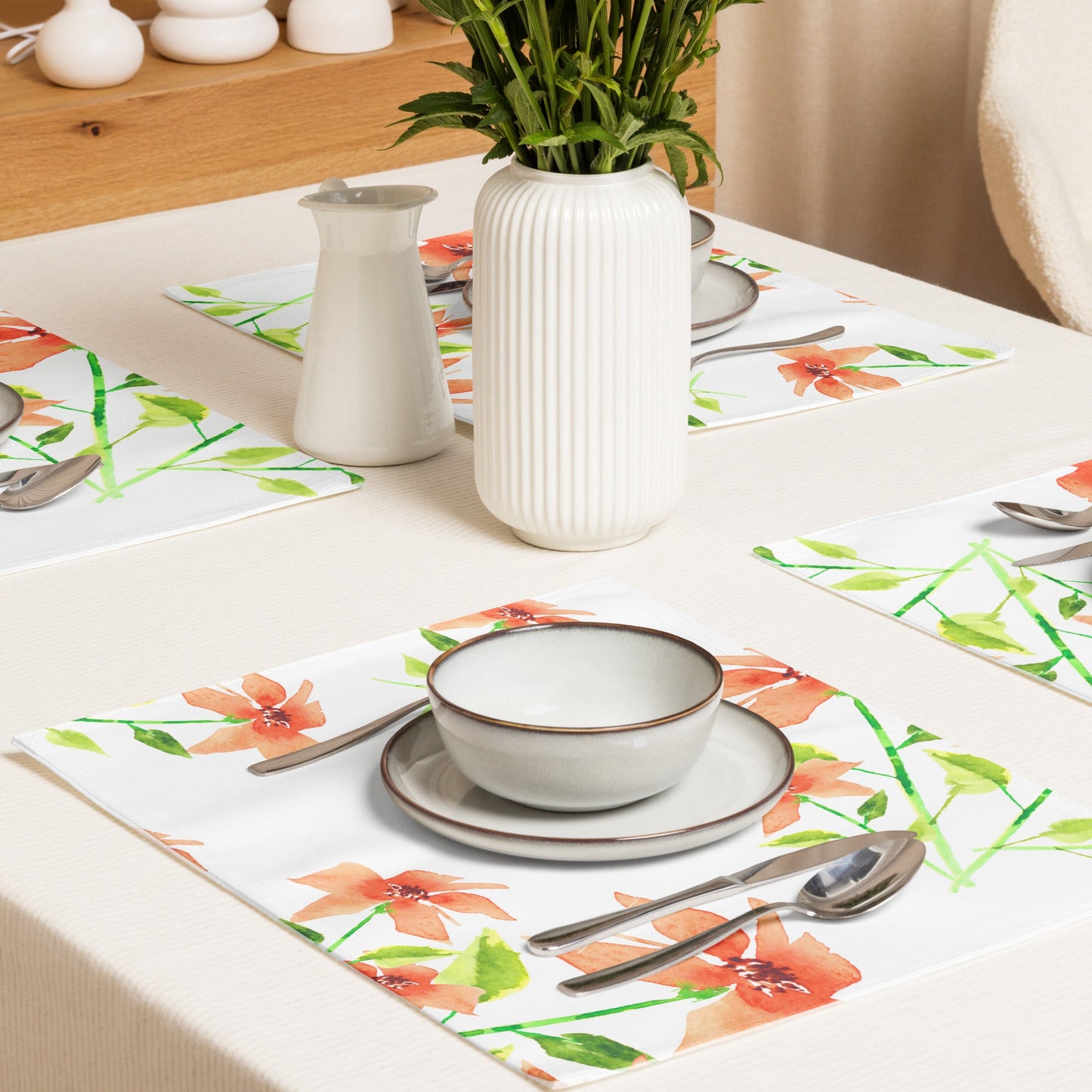 Red Floral Ceramic Mug & Polyester Placemat 8-Pc Bundle (Service for 4) | CABF-CM-1384