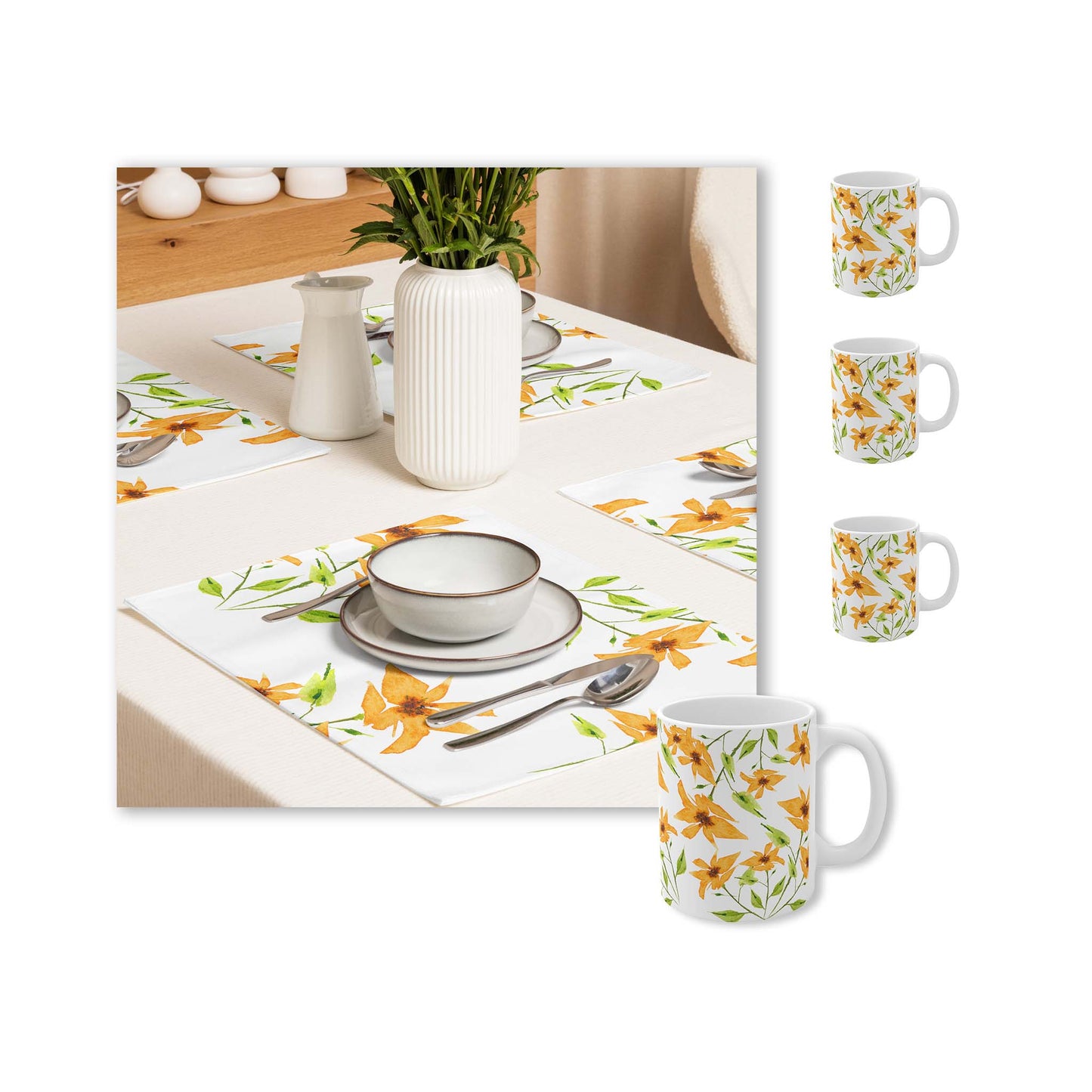 Yellow Orange Floral Ceramic Mug & Polyester Placemat 8-Pc Bundle (Service for 4) | CABF-CM-1394