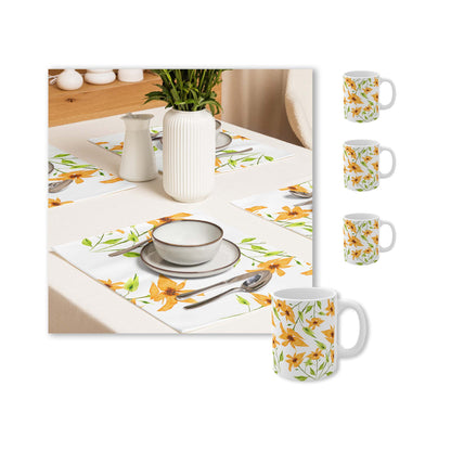 Yellow Orange Floral Ceramic Mug & Polyester Placemat 8-Pc Bundle (Service for 4) | CABF-CM-1394