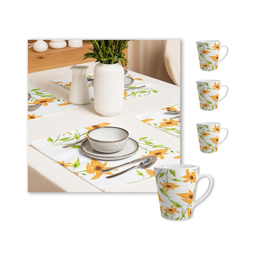 Yellow Orange Floral Ceramic Mug & Polyester Placemat 8-Pc Bundle (Service for 4) | CABF-LM-1394