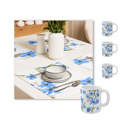 Blue Floral Ceramic Mug & Polyester Placemat 8-Pc Bundle (Service for 4) | CABF-CM-1404