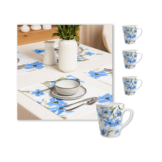 Blue Floral Ceramic Mug & Polyester Placemat 8-Pc Bundle (Service for 4) | CABF-LM-1404