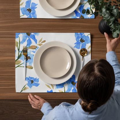 Blue Floral Ceramic Mug & Polyester Placemat 8-Pc Bundle (Service for 4) | CABF-CM-1404