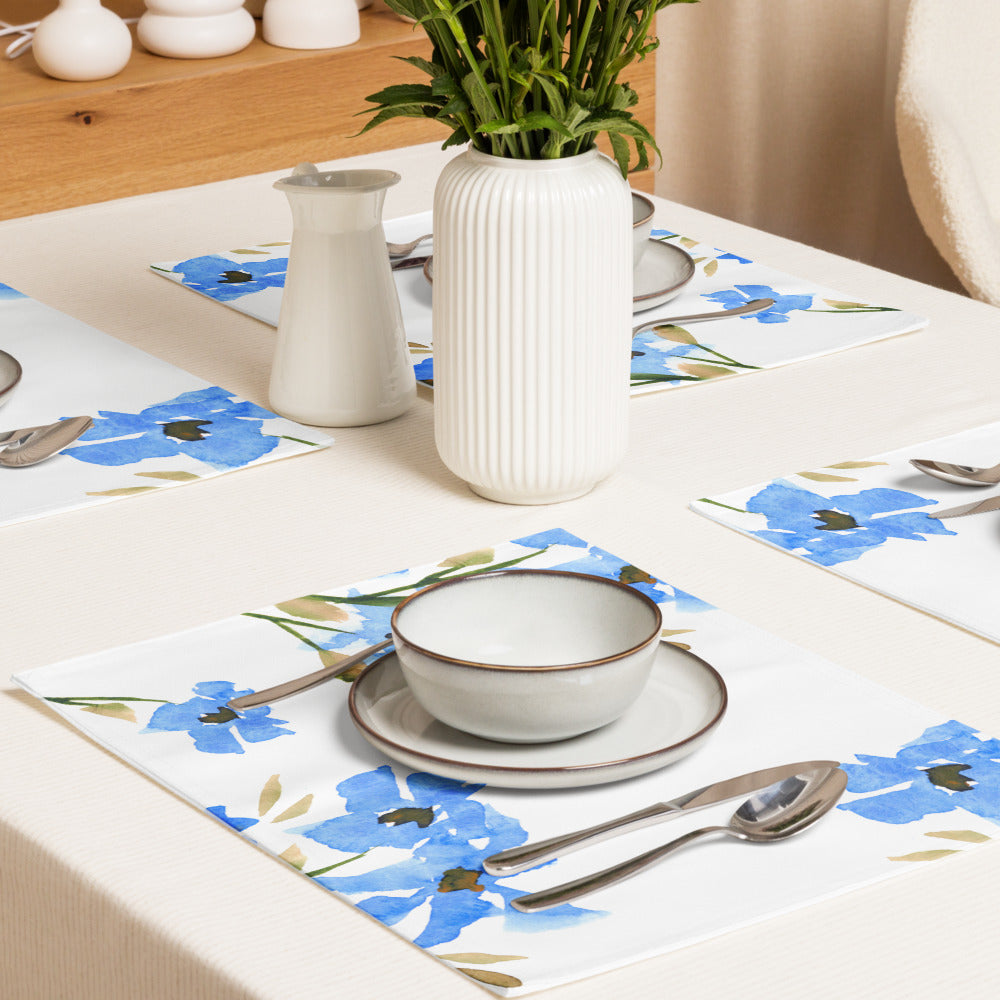 Blue Floral Ceramic Mug & Polyester Placemat 8-Pc Bundle (Service for 4) | CABF-LM-1404