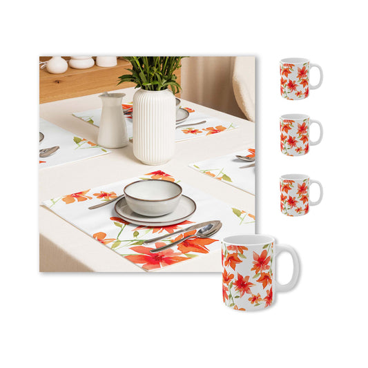 Red Floral Ceramic Mug & Polyester Placemat 8-Pc Bundle (Service for 4) | CABF-CM-1414