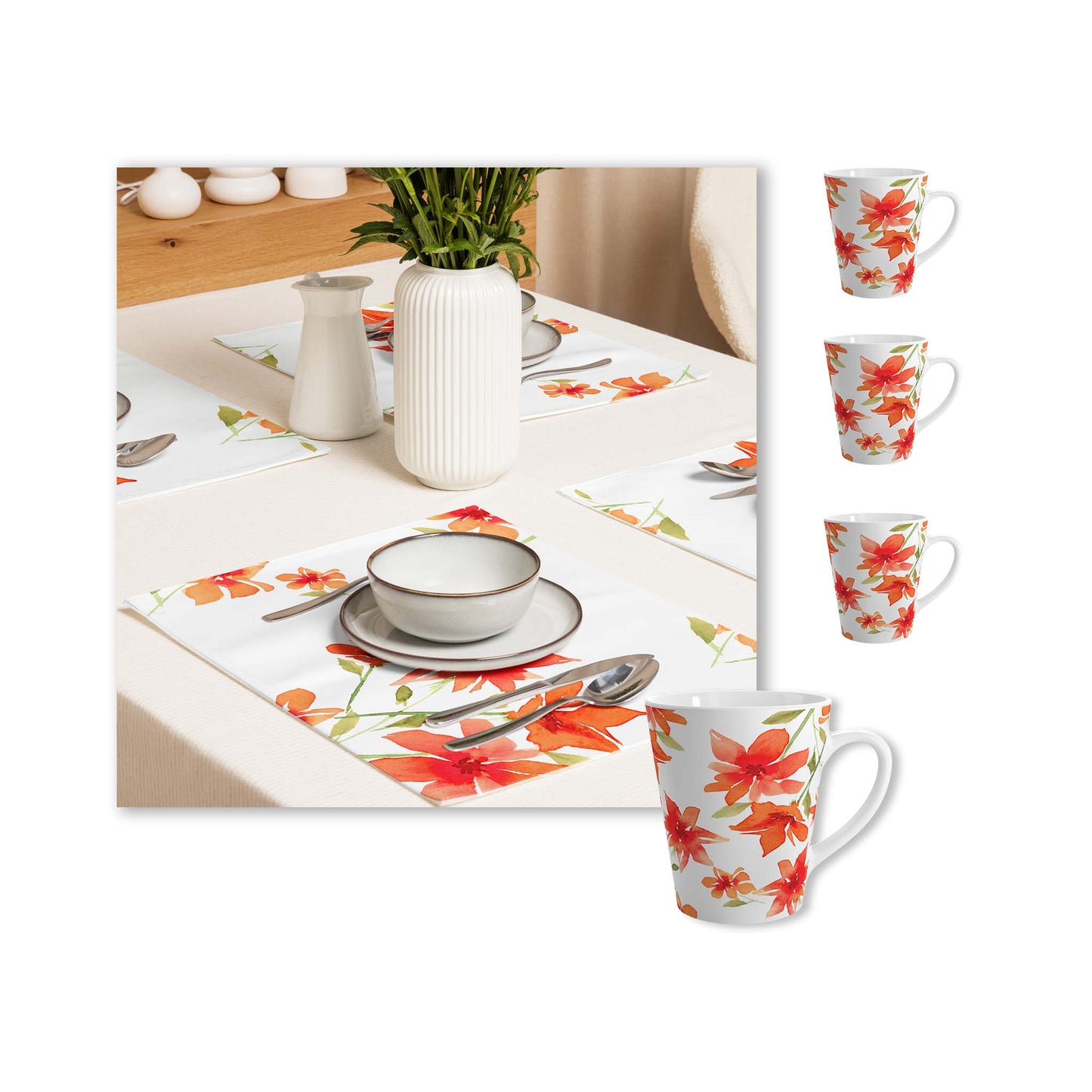 Red Floral Ceramic Mug & Polyester Placemat 8-Pc Bundle (Service for 4) | CABF-LM-1414