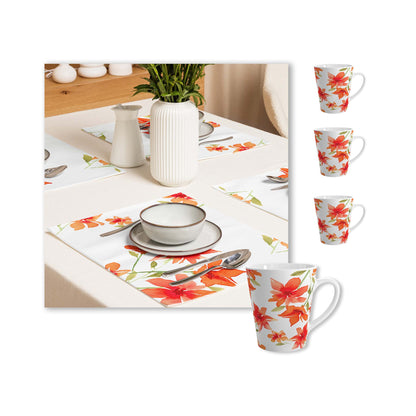 Red Floral Ceramic Mug & Polyester Placemat 8-Pc Bundle (Service for 4) | CABF-LM-1414