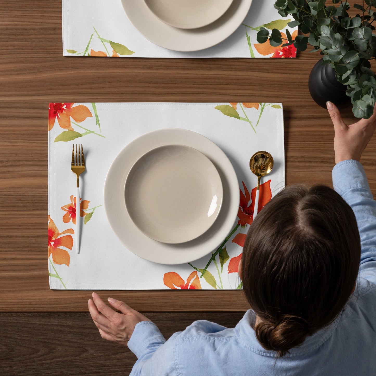 Red Floral Ceramic Mug & Polyester Placemat 8-Pc Bundle (Service for 4) | CABF-CM-1414