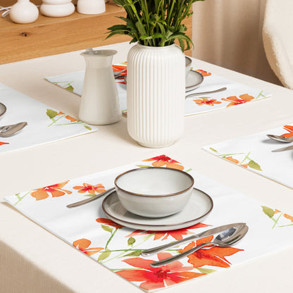 Red Floral Ceramic Mug & Polyester Placemat 8-Pc Bundle (Service for 4) | CABF-LM-1414