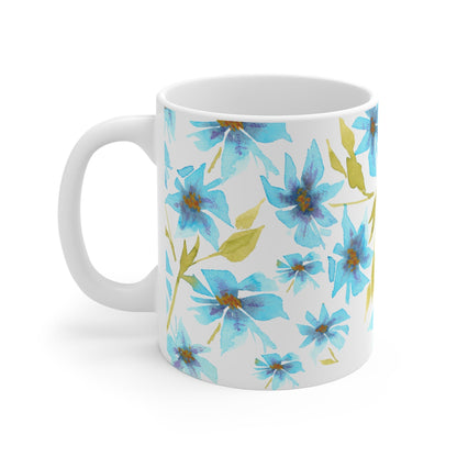 Blue Floral Ceramic Mug & Polyester Placemat 8-Pc Bundle (Service for 4) | CABF-CM-1434