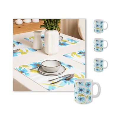 Blue Floral Ceramic Mug & Polyester Placemat 8-Pc Bundle (Service for 4) | CABF-CM-1434