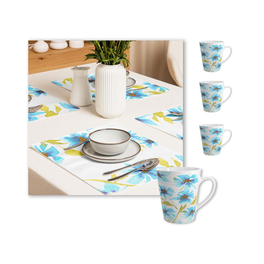 Blue Floral Ceramic Mug & Polyester Placemat 8-Pc Bundle (Service for 4) | CABF-LM-1434