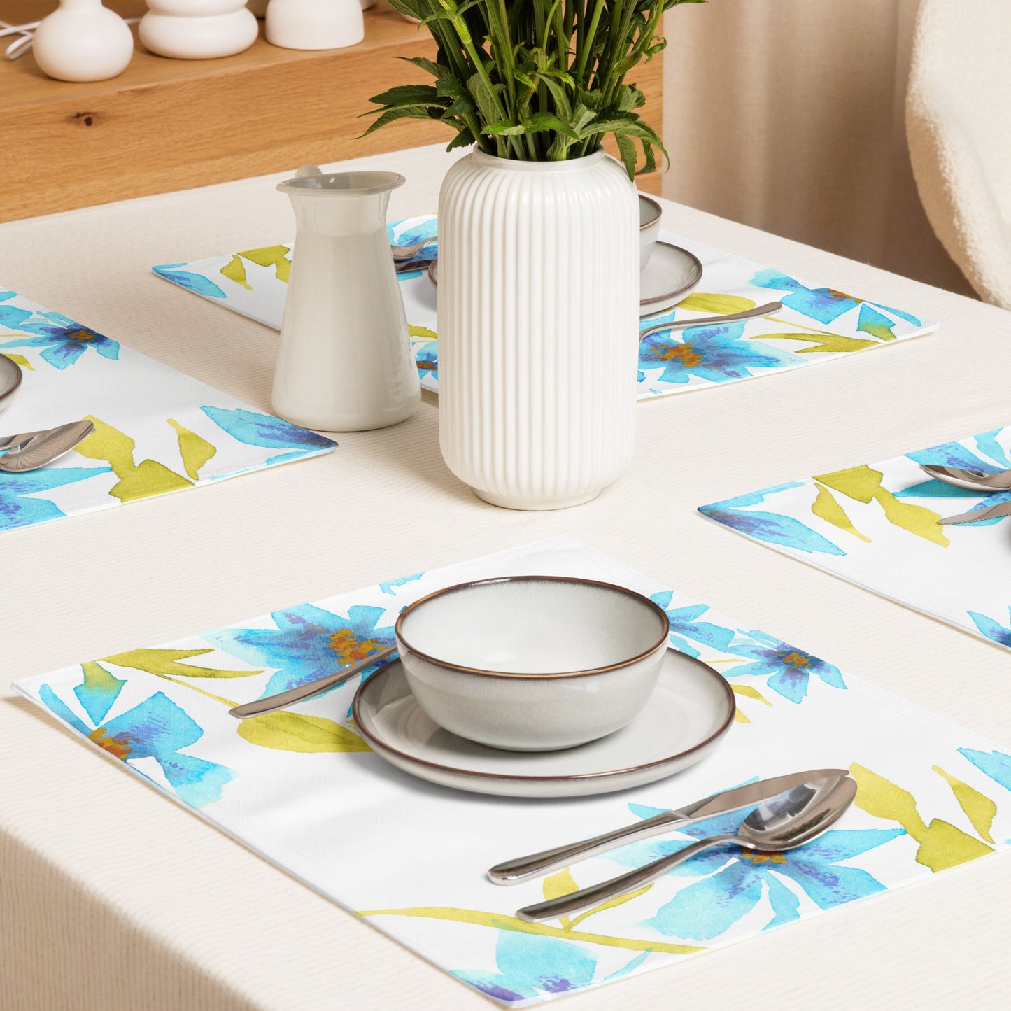 Blue Floral Ceramic Mug & Polyester Placemat 8-Pc Bundle (Service for 4) | CABF-LM-1434