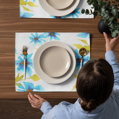 Blue Floral Ceramic Mug & Polyester Placemat 8-Pc Bundle (Service for 4) | CABF-CM-1434