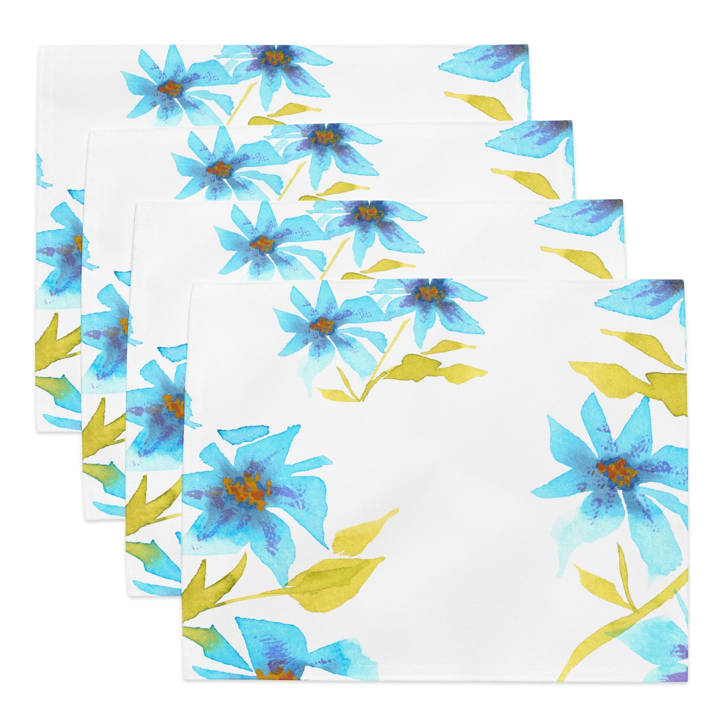 Blue Floral Ceramic Mug & Polyester Placemat 8-Pc Bundle (Service for 4) | CABF-CM-1434