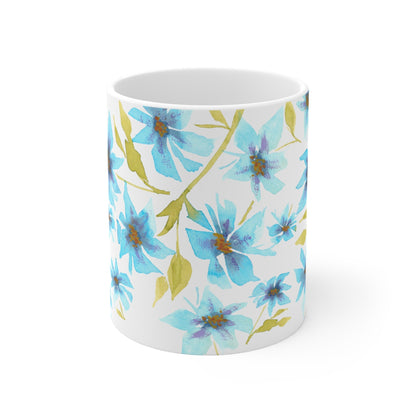 Blue Floral Ceramic Mug & Polyester Placemat 8-Pc Bundle (Service for 4) | CABF-CM-1434