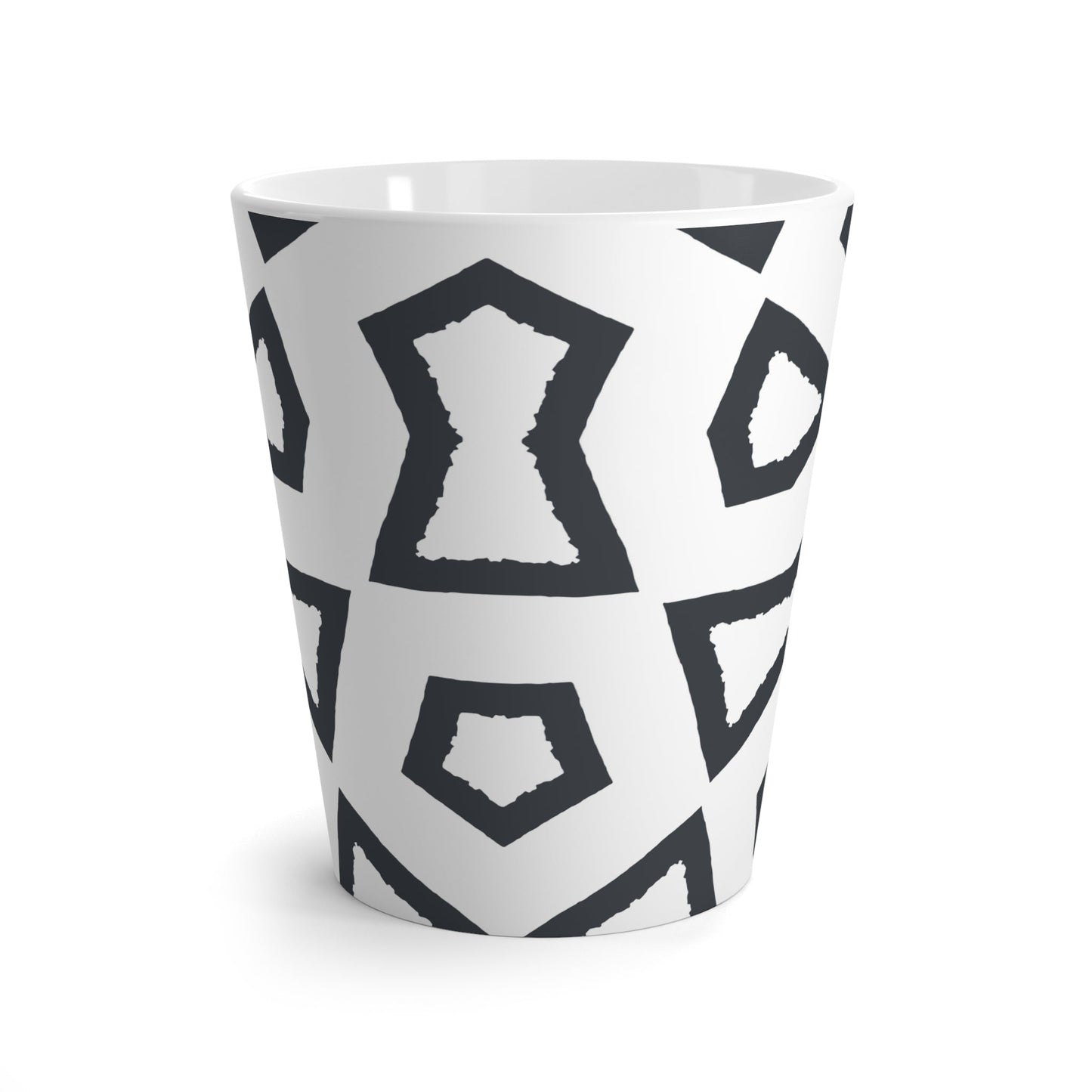 White Ceramic Latte Mug with Geometric Labrynth Brush Stroke Print in Dark Grey #CALM-1201-100-391