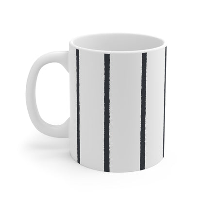 White Ceramic Mug with Minimalist Vertical Brush Stroke Print in Dark Grey #CACM-1201-301