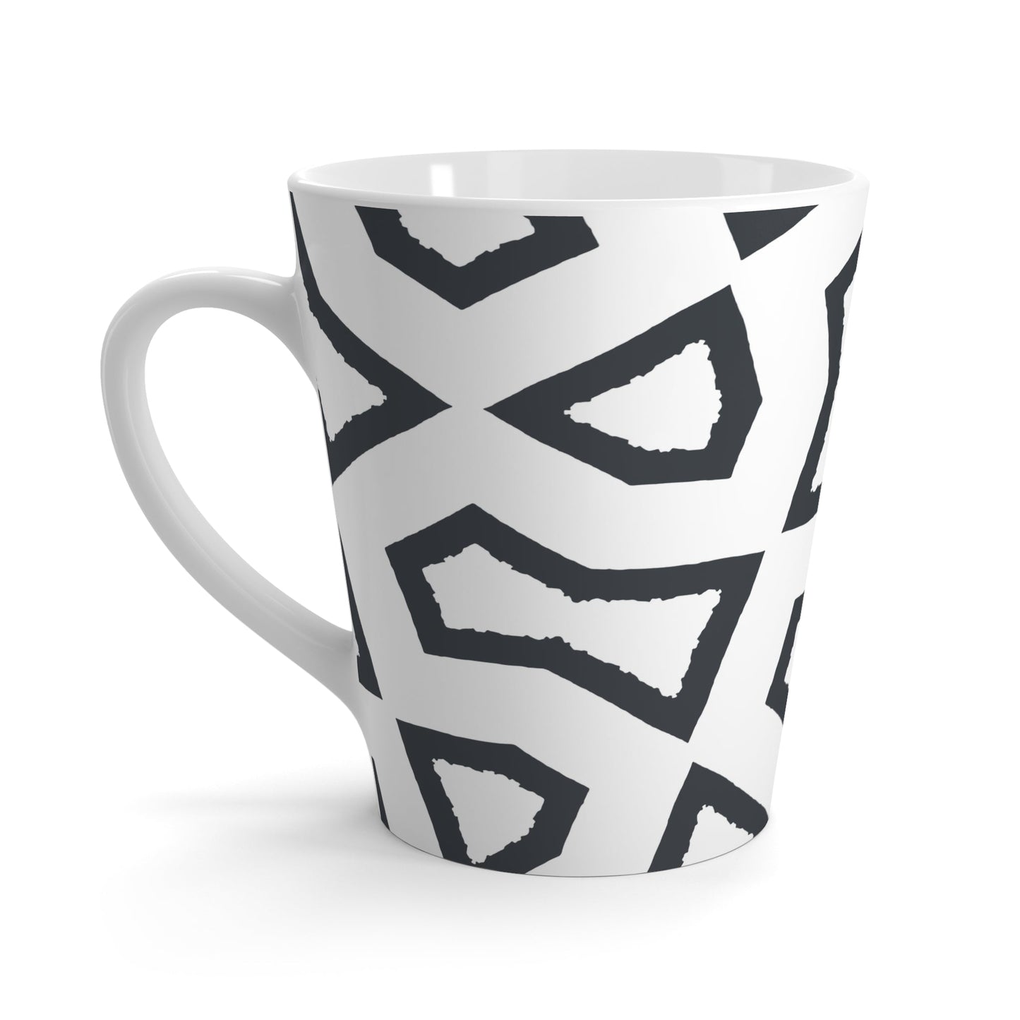 White Ceramic Latte Mug with Geometric Labrynth Brush Stroke Print in Dark Grey #CALM-1201-100-391