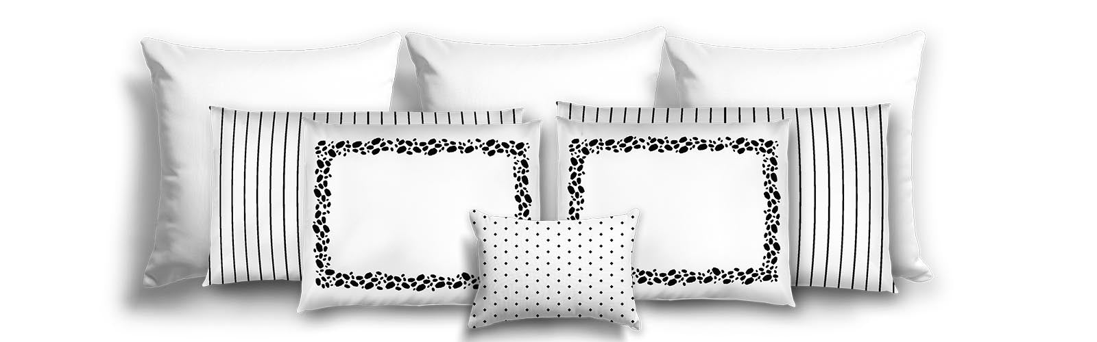 Set of decorative pillows with various patterns on a white background