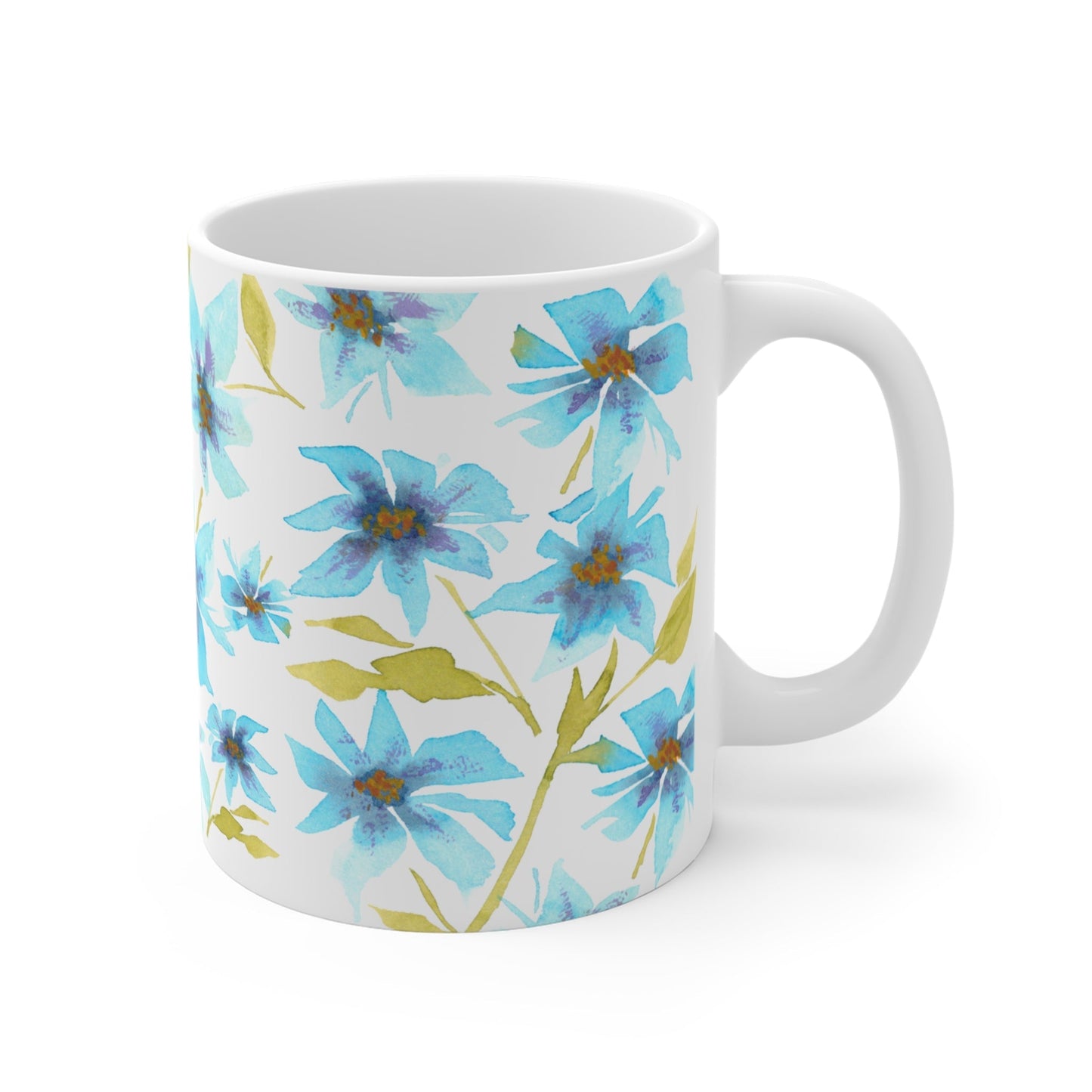 Blue Floral Ceramic Mug & Polyester Placemat 8-Pc Bundle (Service for 4) | CABF-CM-1434