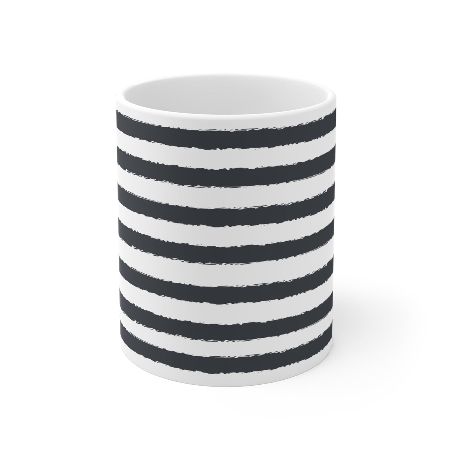 White Ceramic Mug with Fine Horizontal Brush Stroke Print in Dark Grey #CACM-1201-231