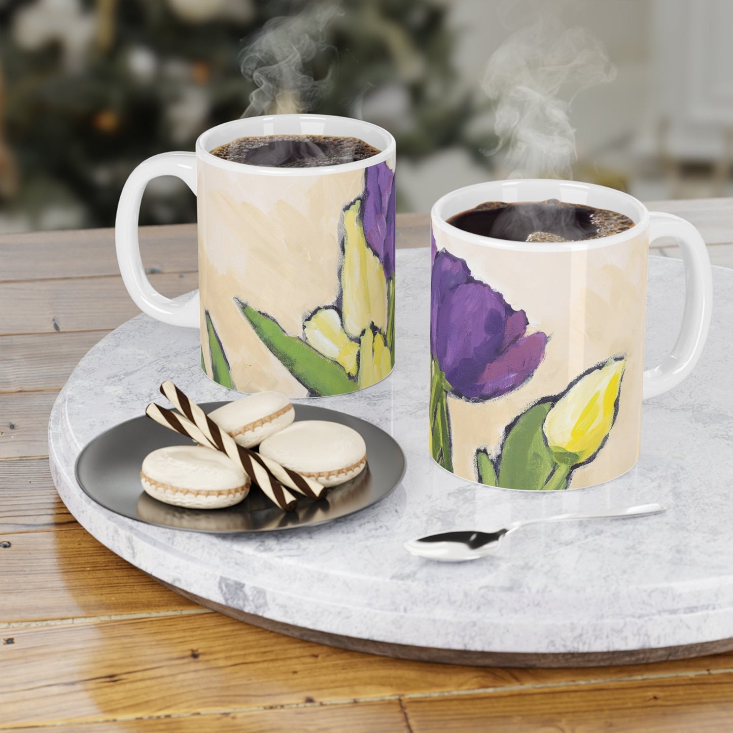 Purple & Yellow Tulips Ceramic Mug & Polyester Placemat 8-Pc Bundle (Service for 4) | CABF-CM-1060