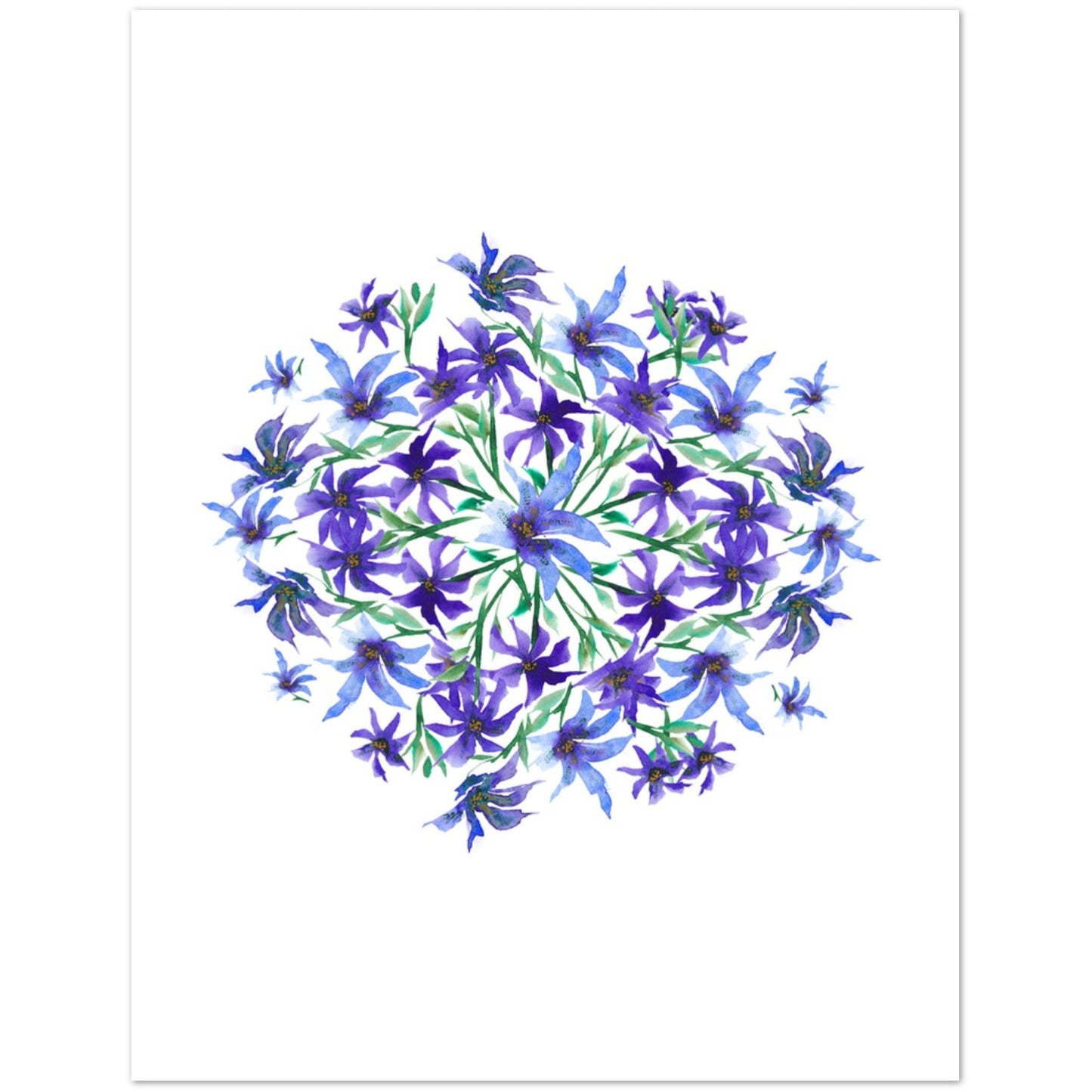 Indigo Bloom — Fine Art Watercolor Note Cards with Purple Circular Mandala Design, Blank Inside, Pack of 10 with Envelopes #NCNA-1302