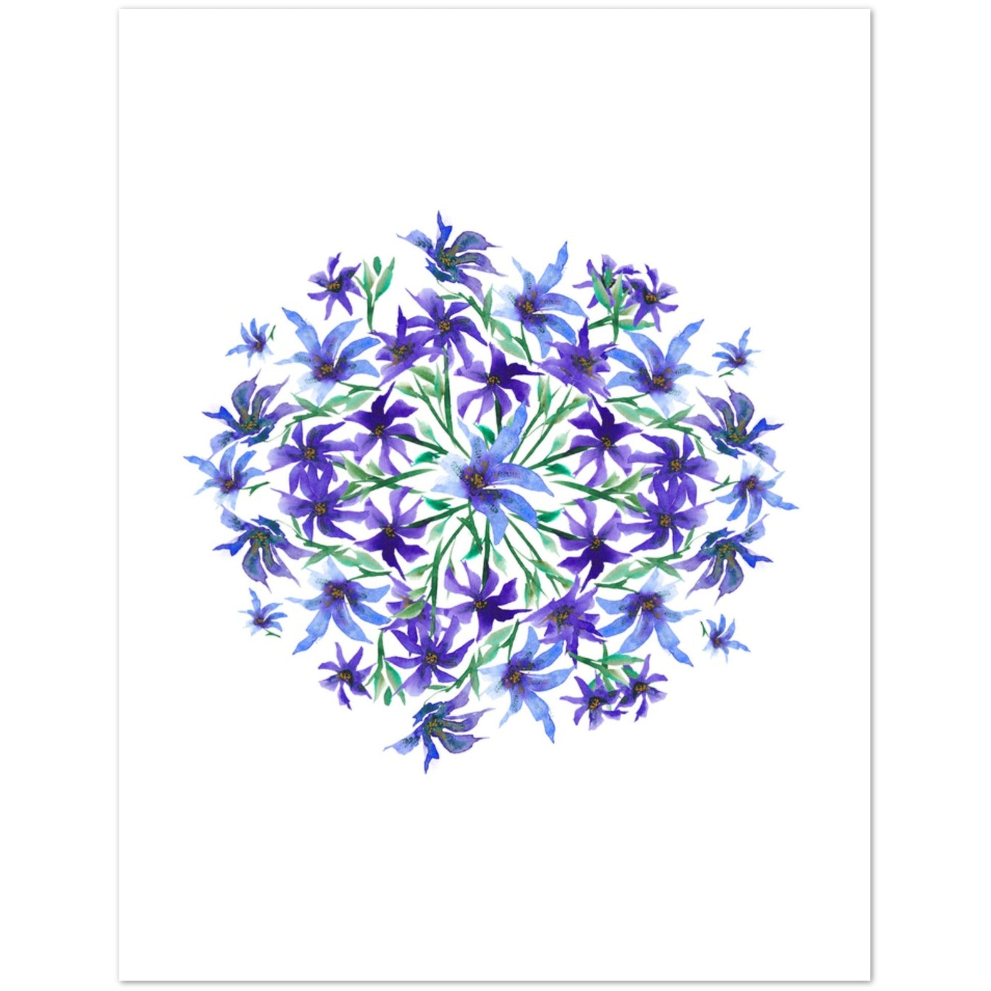 Indigo Bloom — Fine Art Watercolor Note Cards with Purple Circular Mandala Design, Blank Inside, Pack of 10 with Envelopes #NCNA-1302