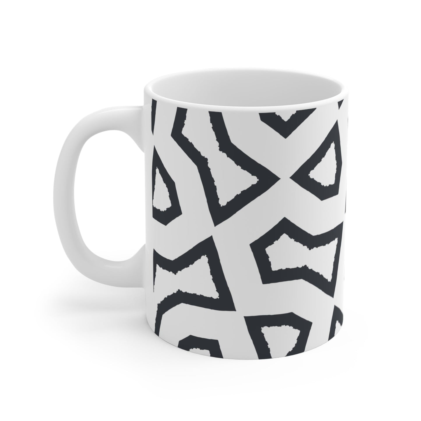 White Ceramic Mug with Geometric Labrynth Brush Stroke Print in Dark Grey #CACM-1201-391