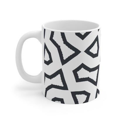 White Ceramic Mug with Geometric Labrynth Brush Stroke Print in Dark Grey #CACM-1201-391