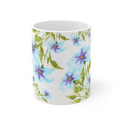 Blue Floral Ceramic Mug & Polyester Placemat 8-Pc Bundle (Service for 4) | CABF-CM-1374