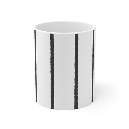 White Ceramic Mug with Minimalist Vertical Brush Stroke Print in Dark Grey #CACM-1201-301