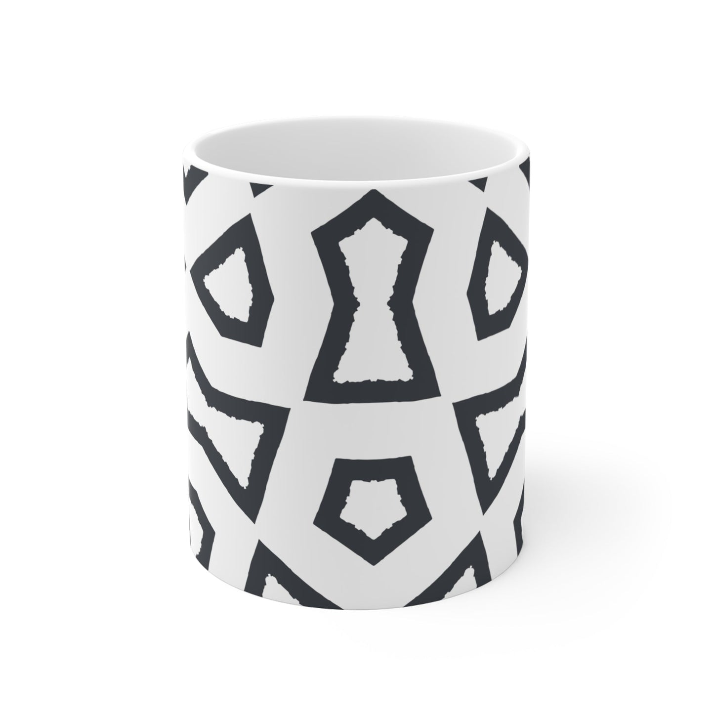 White Ceramic Mug with Geometric Labrynth Brush Stroke Print in Dark Grey #CACM-1201-391
