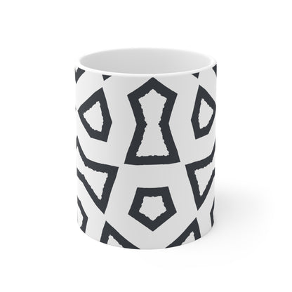 White Ceramic Mug with Geometric Labrynth Brush Stroke Print in Dark Grey #CACM-1201-391